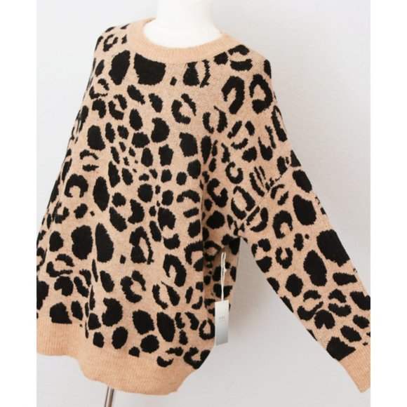 Camel Beige Leopard Crewneck Oversize Cozy Sweater - Picture 2 of 8